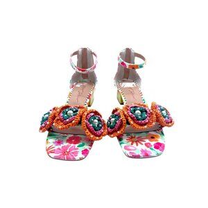 Betsey Johnson Women Brandee Floral Block Heel Sandals Beaded Crochet Flower 7
